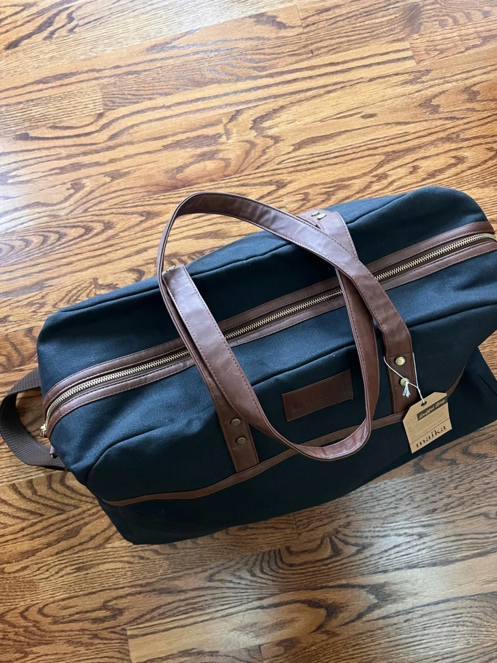 Maika Black Canvas Duffel with Brown faux Leather Accents